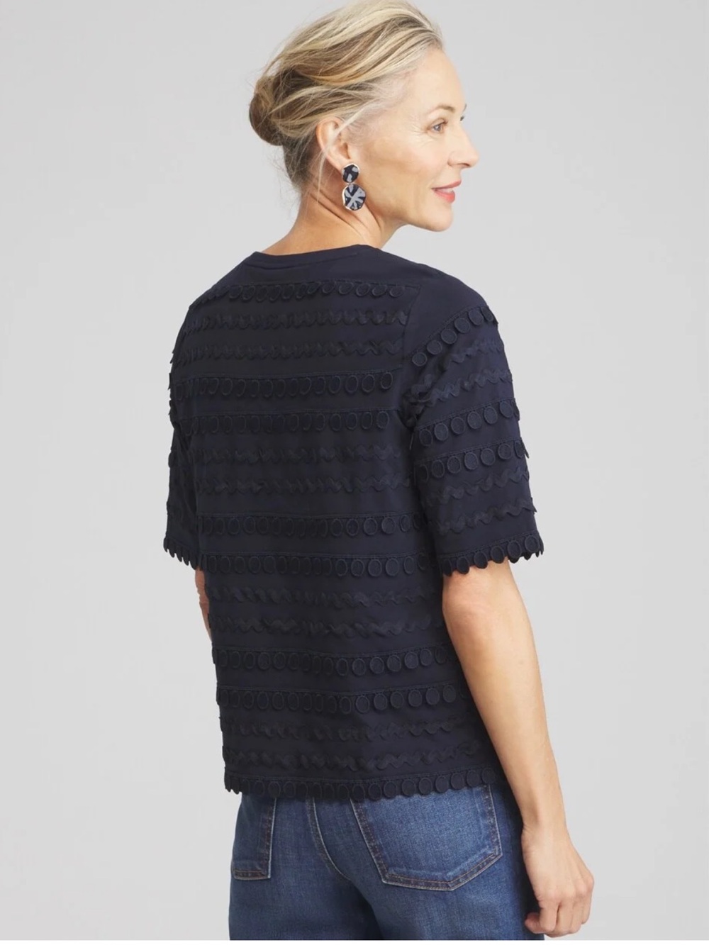 Chico's 3D Applique Ric Rac Trim Top Navy Blue Polka Dot Lace